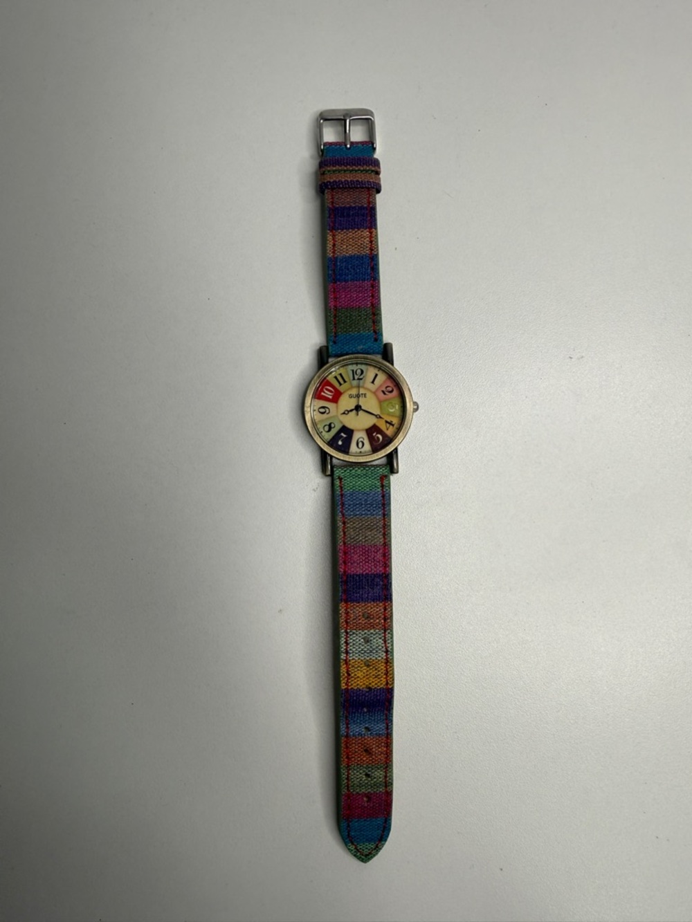 Colorful Rainbow Dial Watch with Multicolor Fabric Strap. Guote brand. Untested